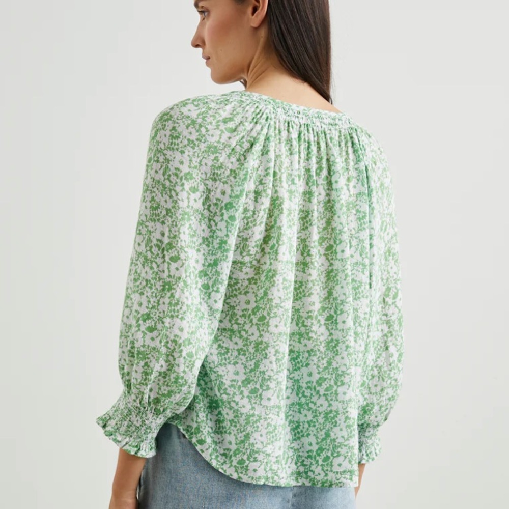 New Rails Green and White Floral Linen Top Large - Picture 2 of 7